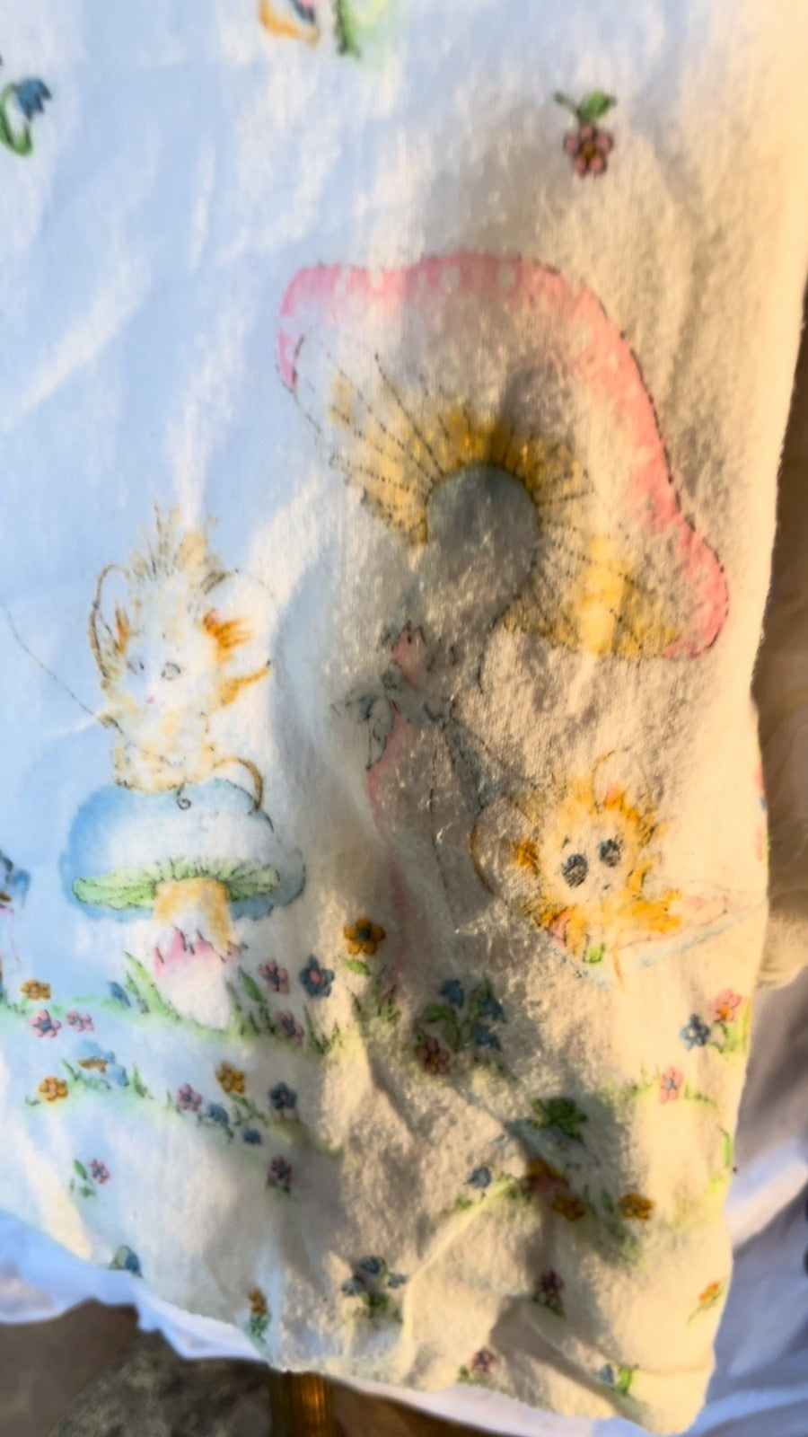 Vintage 70s 80s Mushroom Critter Nursery Blanket Pastel Woodland Baby Throw USA