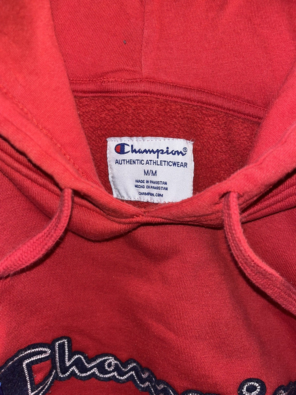 Vintage Champion Red Hoodie Medium Embroidered Logo Pullover Sweatshirt