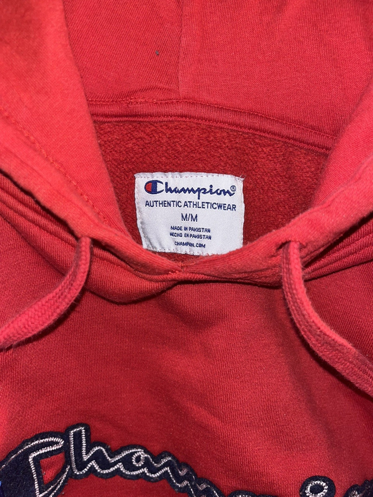 Vintage Champion Red Hoodie Medium Embroidered Logo Pullover Sweatshirt