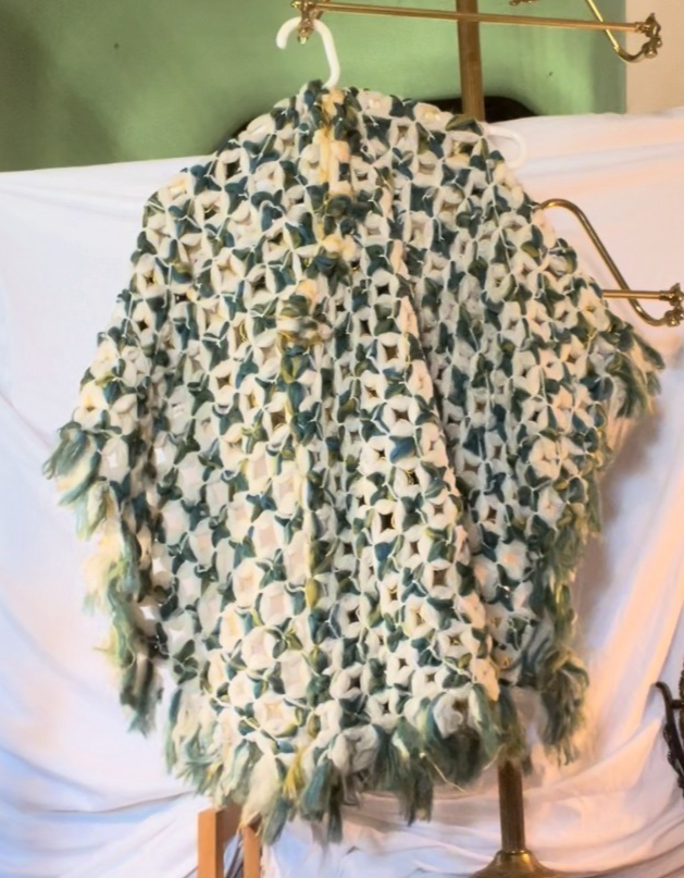 Vintage 70s Handmade Crochet Poncho Sweater Sleeved Boho Green Yellow One Size
