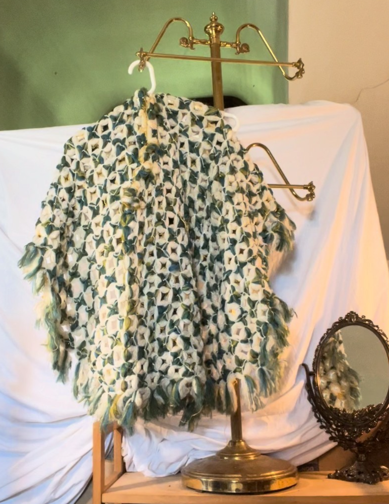 Vintage 70s Handmade Crochet Poncho Sweater Sleeved Boho Green Yellow One Size