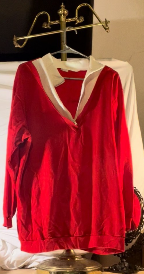 Vintage Red Velour Colorblock Sweatshirt Pullover White Neck Zip 80s