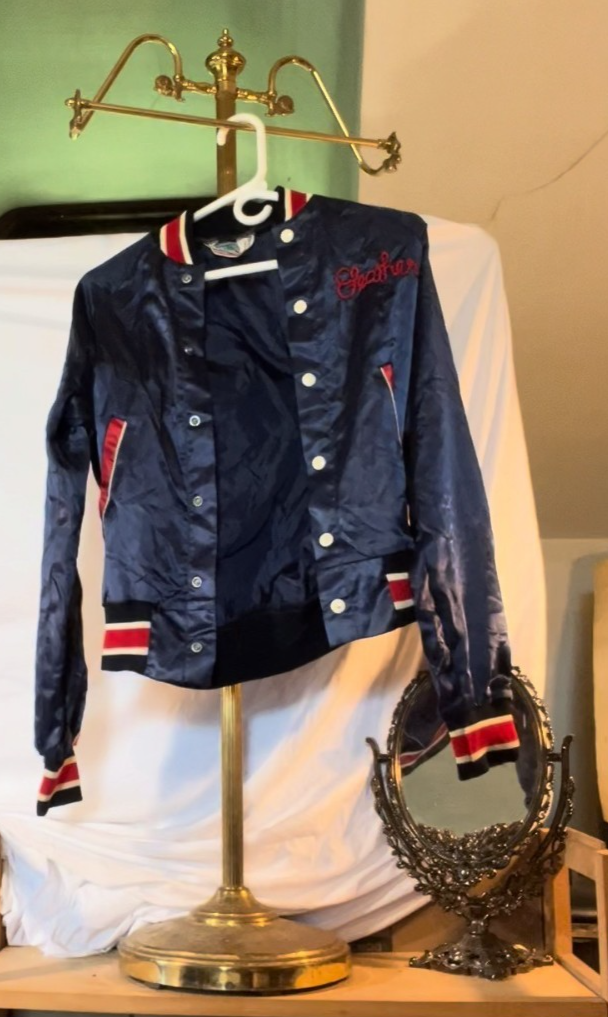 Vintage 1970s Sears Put On Shop Satin Jacket Navy Red Chain Stitch Heather