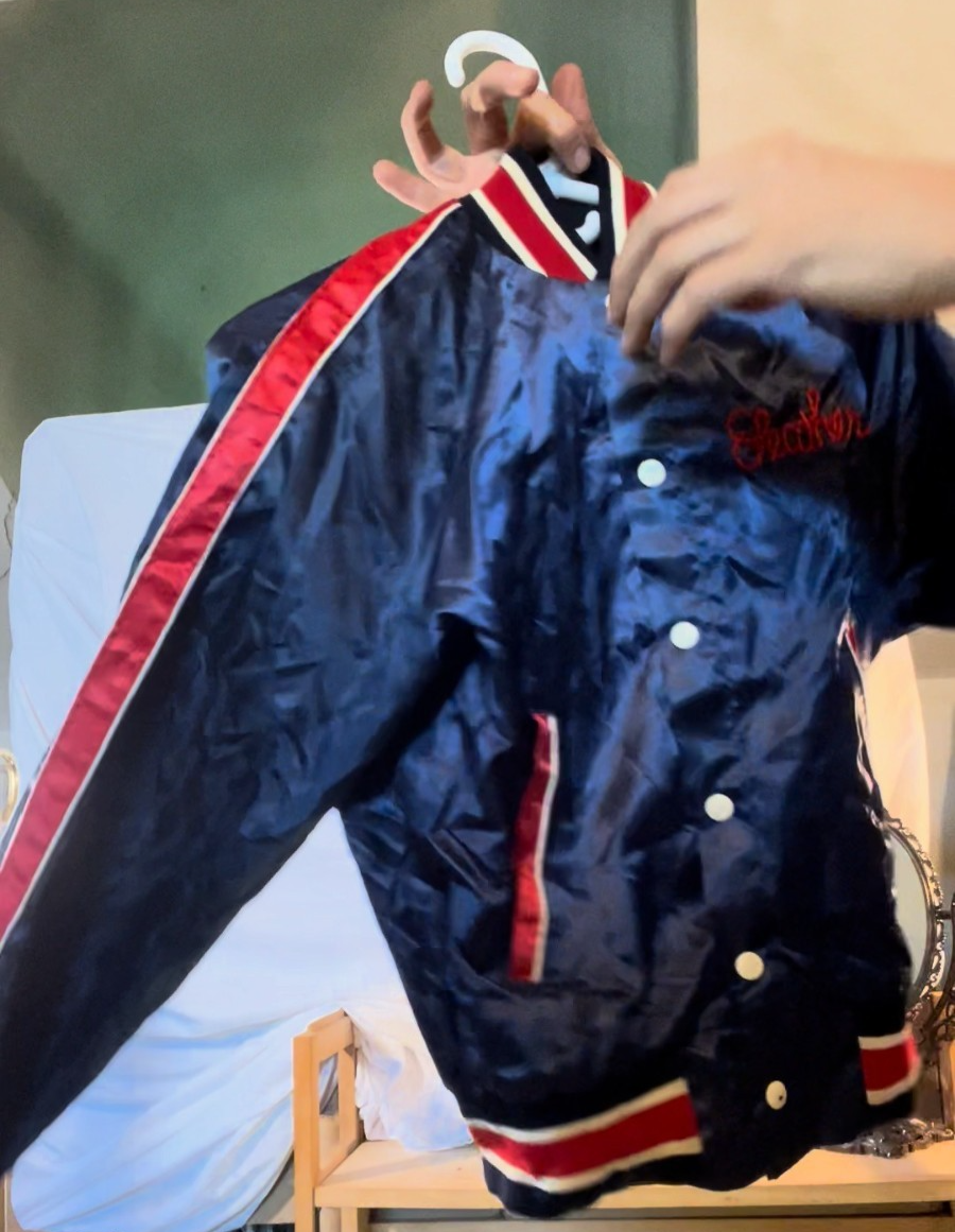 Vintage 1970s Sears Put On Shop Satin Jacket Navy Red Chain Stitch Heather