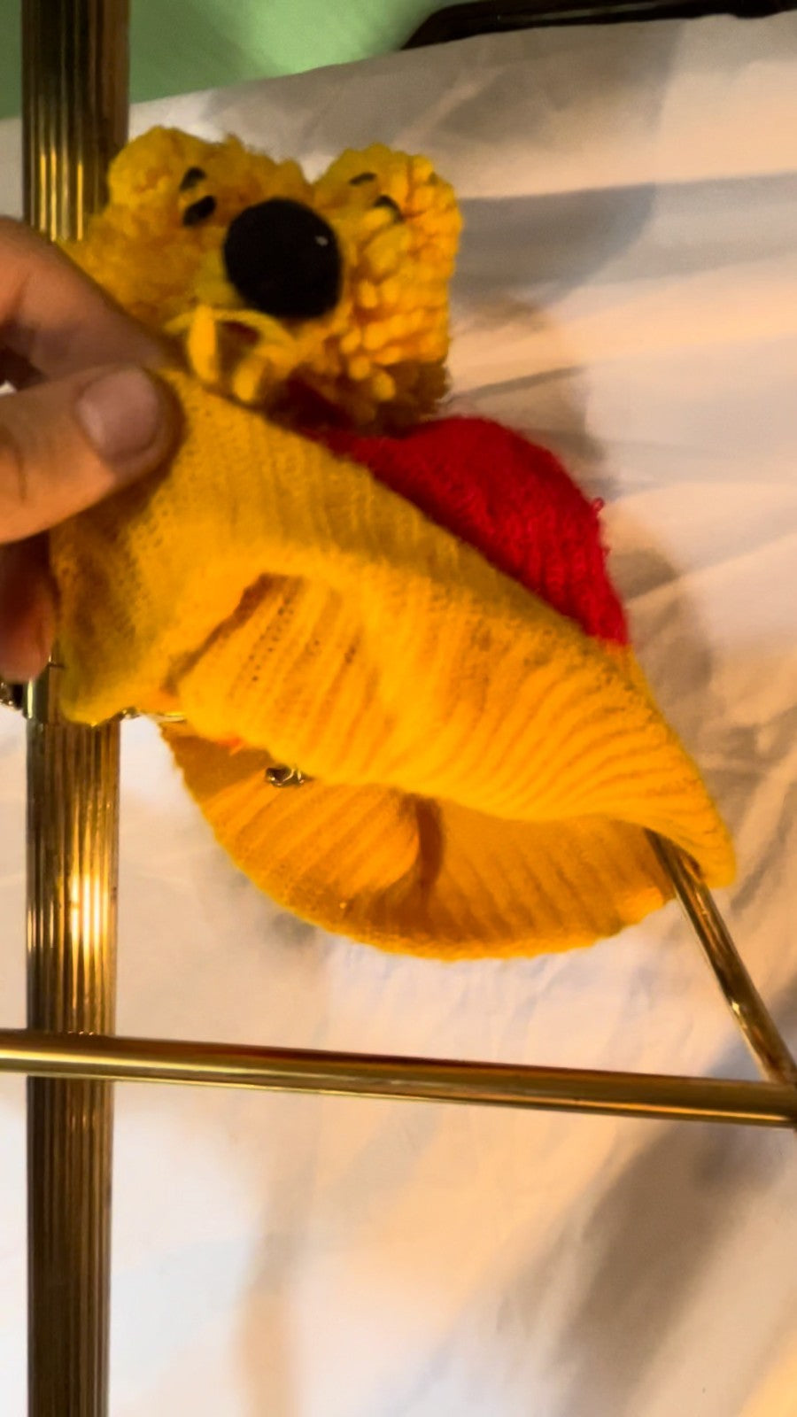 Vintage Crochet Bear Beanie Handmade Yellow Red Novelty Winter Hat 80s 90s