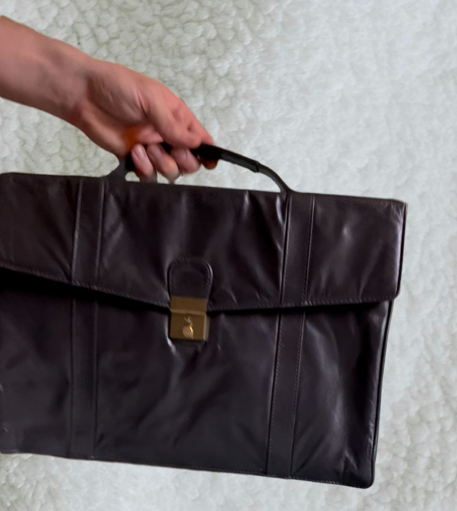 Vintage Dark Brown Leather Briefcase — Gold‑Tone Lock, Satin Lining, Top Handle