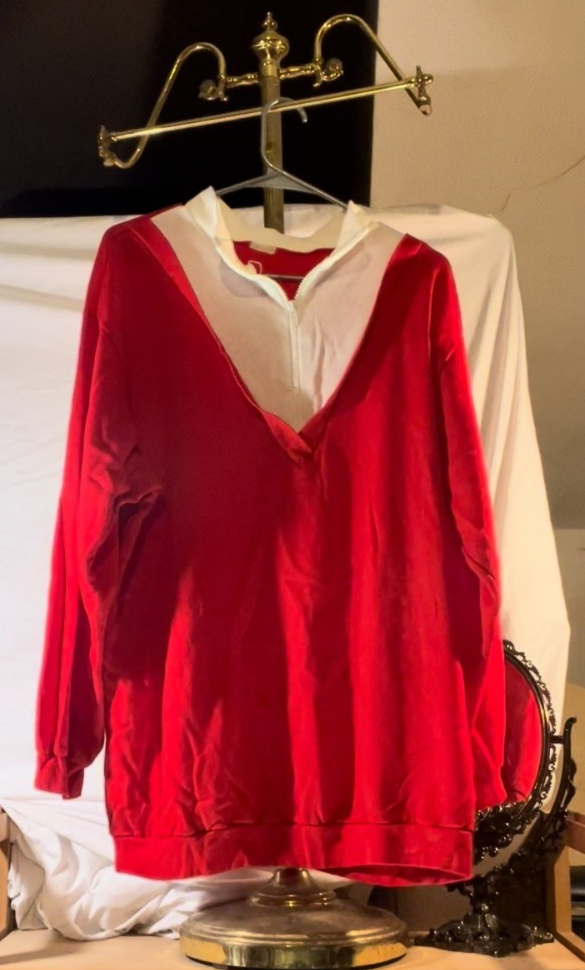 Vintage Red Velour Colorblock Sweatshirt Pullover White Neck Zip 80s