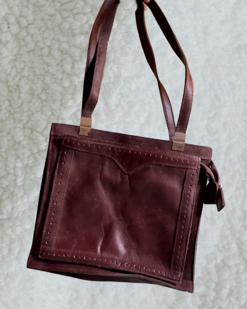 80's Vintage Hong Kong Genuine Leather Saddle‑Stitch Shoulder Bag