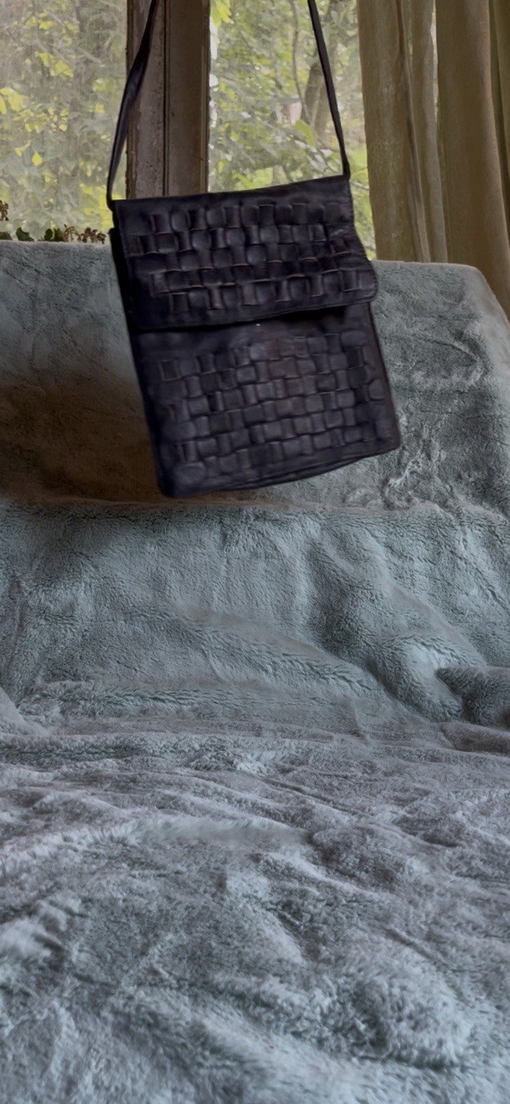 70s Vintage Woven Black Leather Crossbody Bag Tano of Madrid Spain Purse Boho
