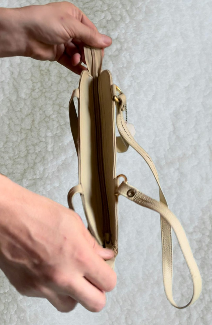 Vintage 90s Beige Leather Top‑Handle Handbag – Structured Front Pocket