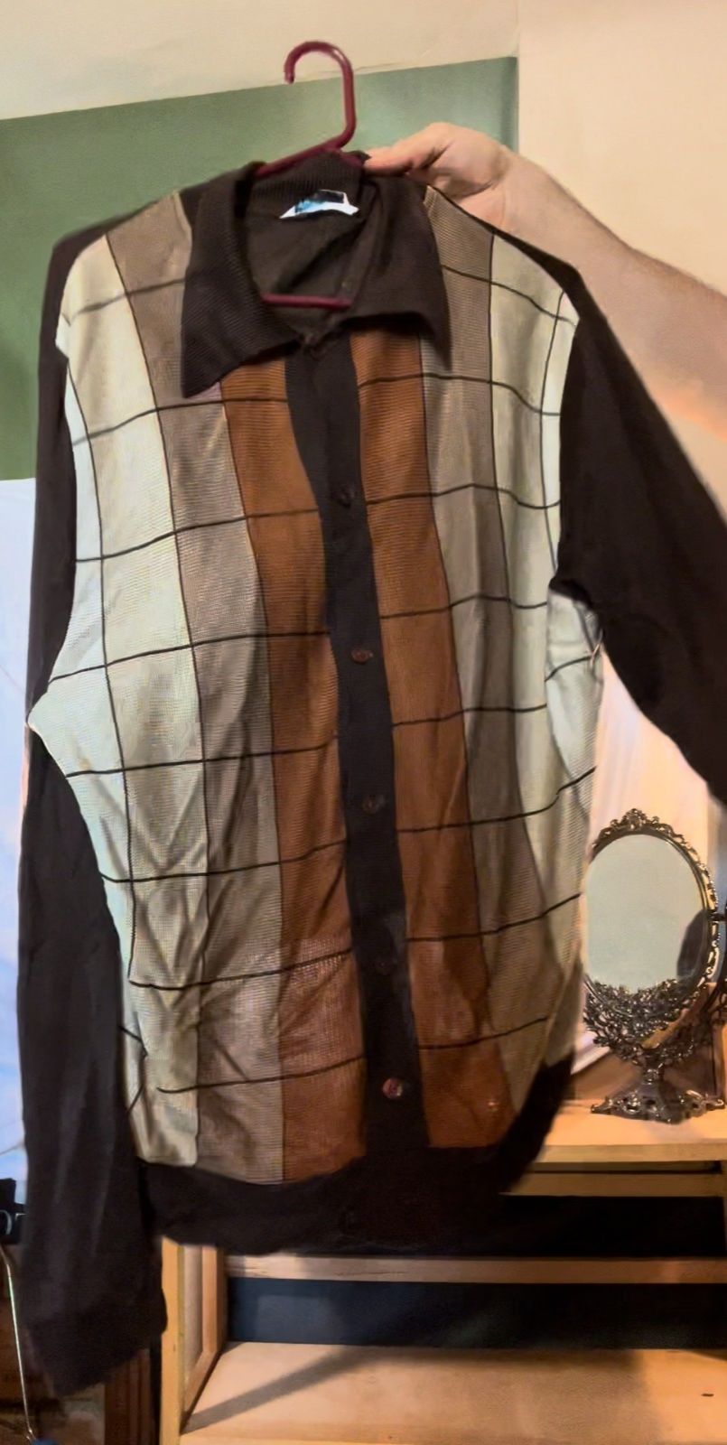 Vintage 1970s Perth Ltd. Geometric Knit Shirt – Brown, Tan & Cream – Long Sleeve