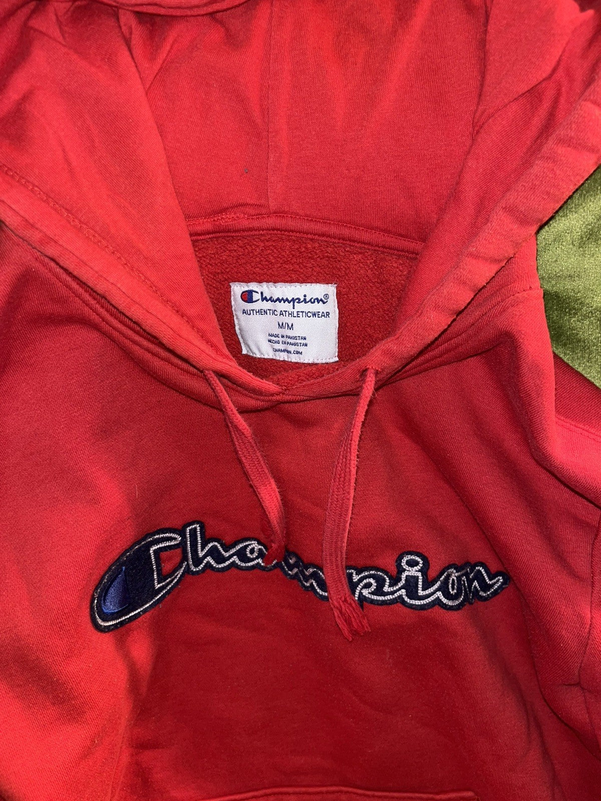Vintage Champion Red Hoodie Medium Embroidered Logo Pullover Sweatshirt