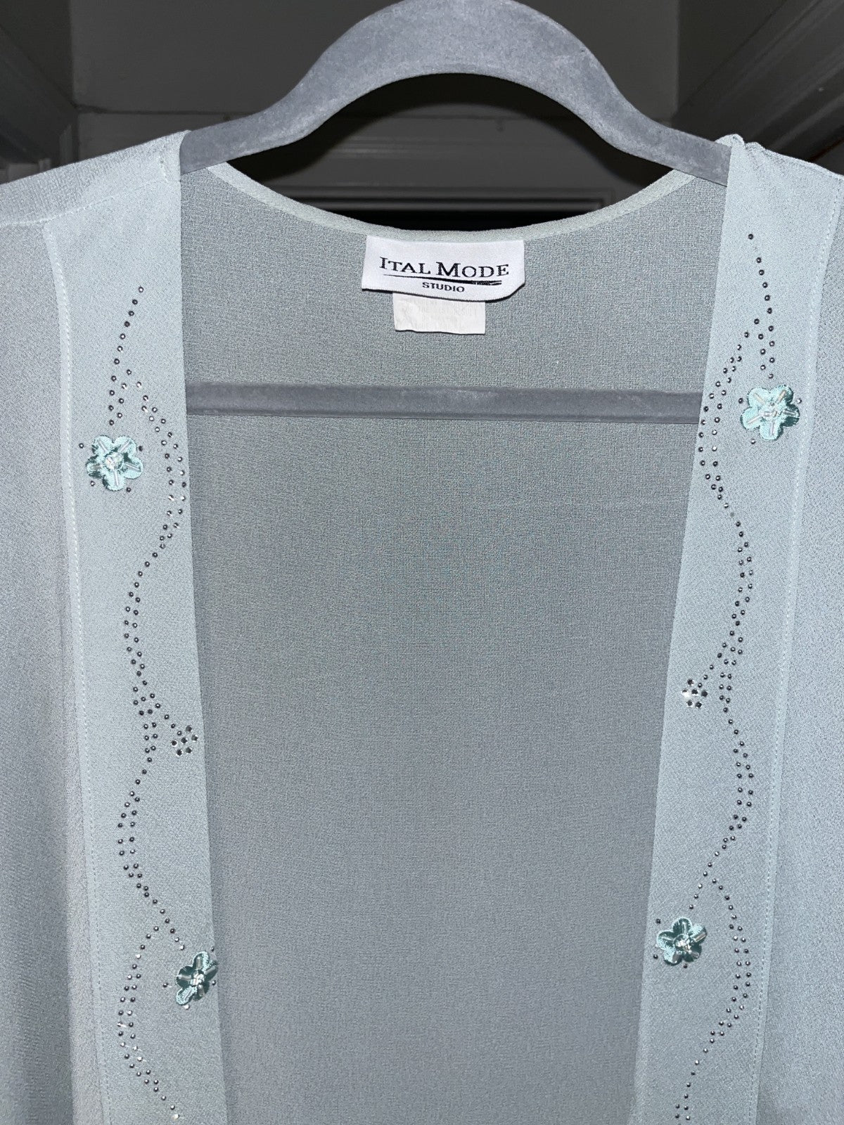 Vintage Sheer Beaded Bolero Cardigan Light Blue Floral Embellished XXL/onesize