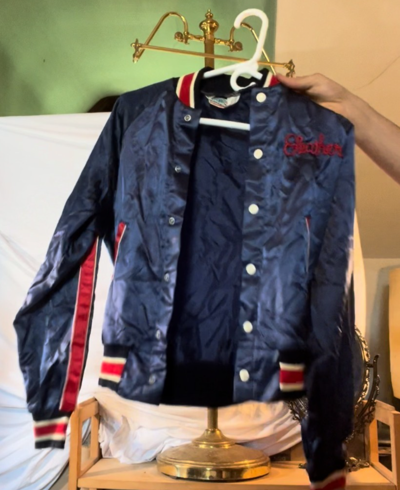 Vintage 1970s Sears Put On Shop Satin Jacket Navy Red Chain Stitch Heather