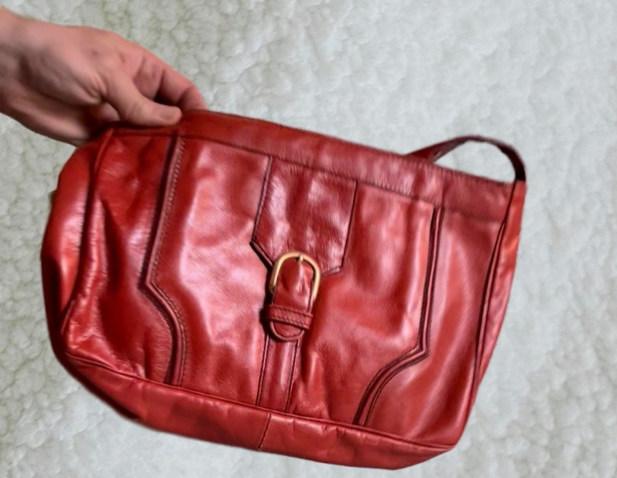 Vintage Red Genuine Leather Structured Shoulder Bag w Buckle Detail