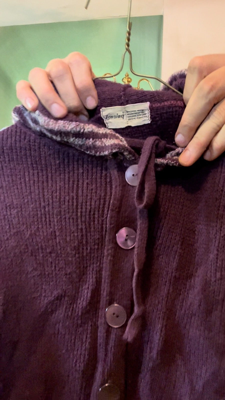Vintage Lansing Hooded Knit Cardigan Purple Striped 70s 80s Women’s Acrylic