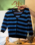Vintage Francesca Damon Sport Cardigan Blue Black Striped Hong Kong 80s S