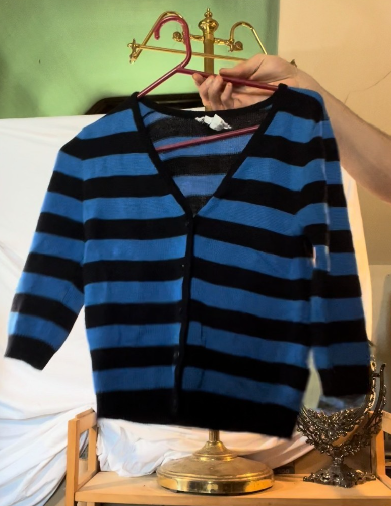 Vintage Francesca Damon Sport Cardigan Blue Black Striped Hong Kong 80s S
