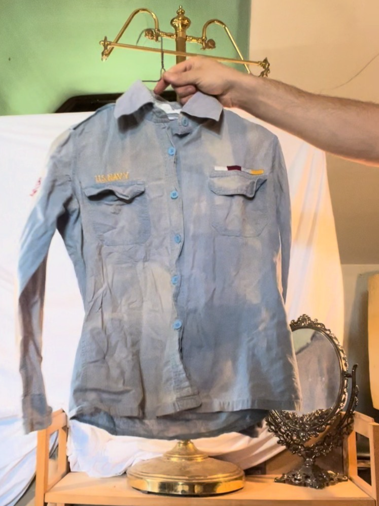 rare custom US Navy Chambray Shirt Vietnam Era w/ Embroidery & Service Stripes