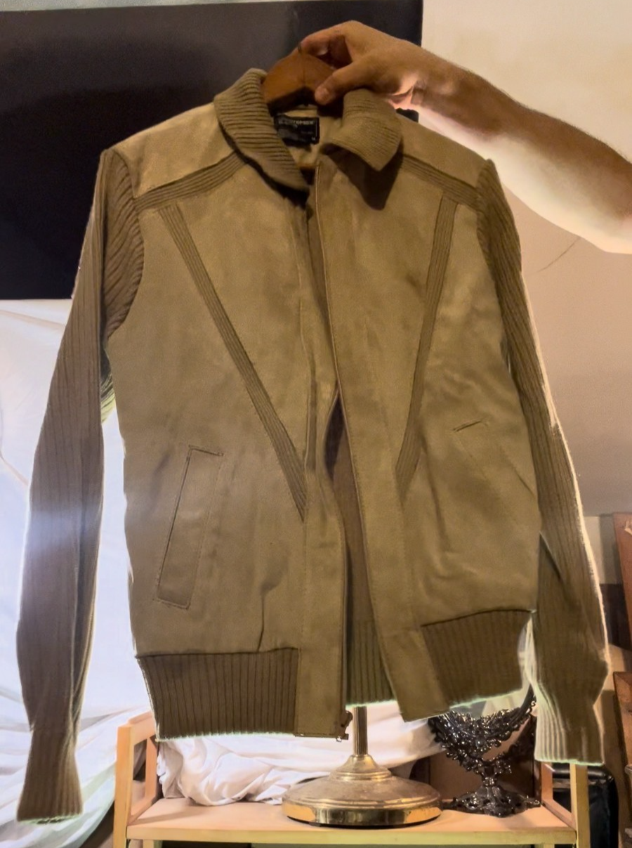 Vintage 80s Christopher Rand Suede Knit Bomber Jacket Tan Beige Medium