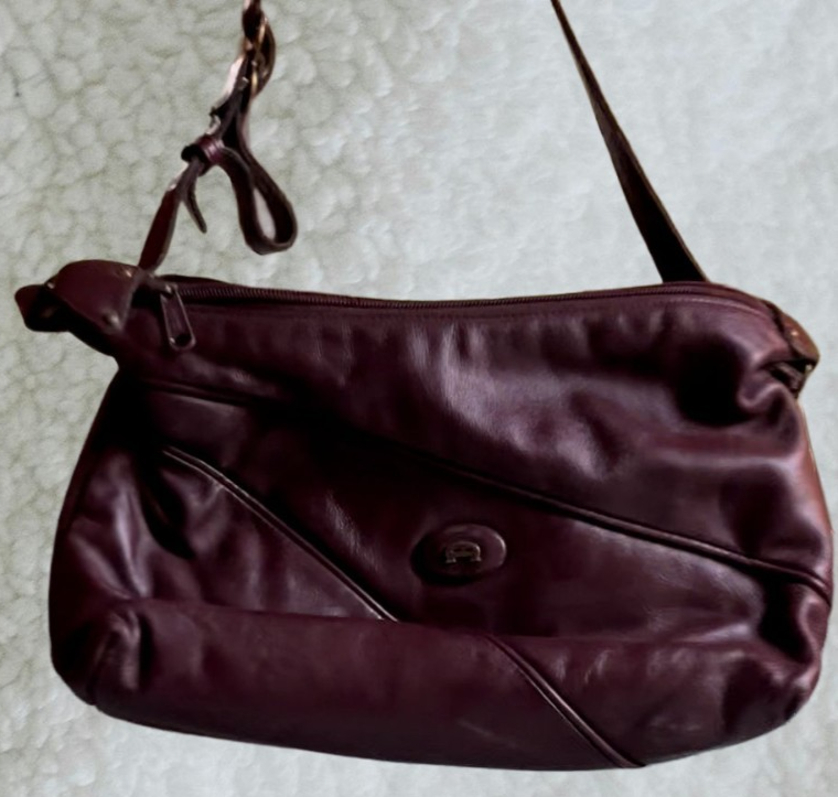 Vintage Burgundy Leather Top‑Handle Handbag — Structured w/ Decorative emblem