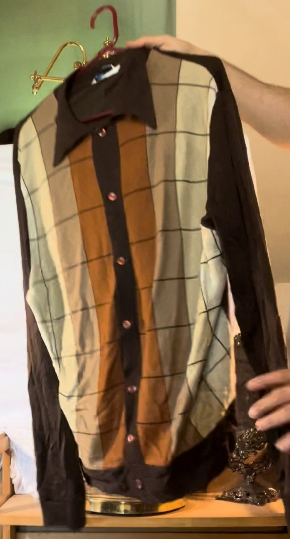 Vintage 1970s Perth Ltd. Geometric Knit Shirt – Brown, Tan & Cream – Long Sleeve