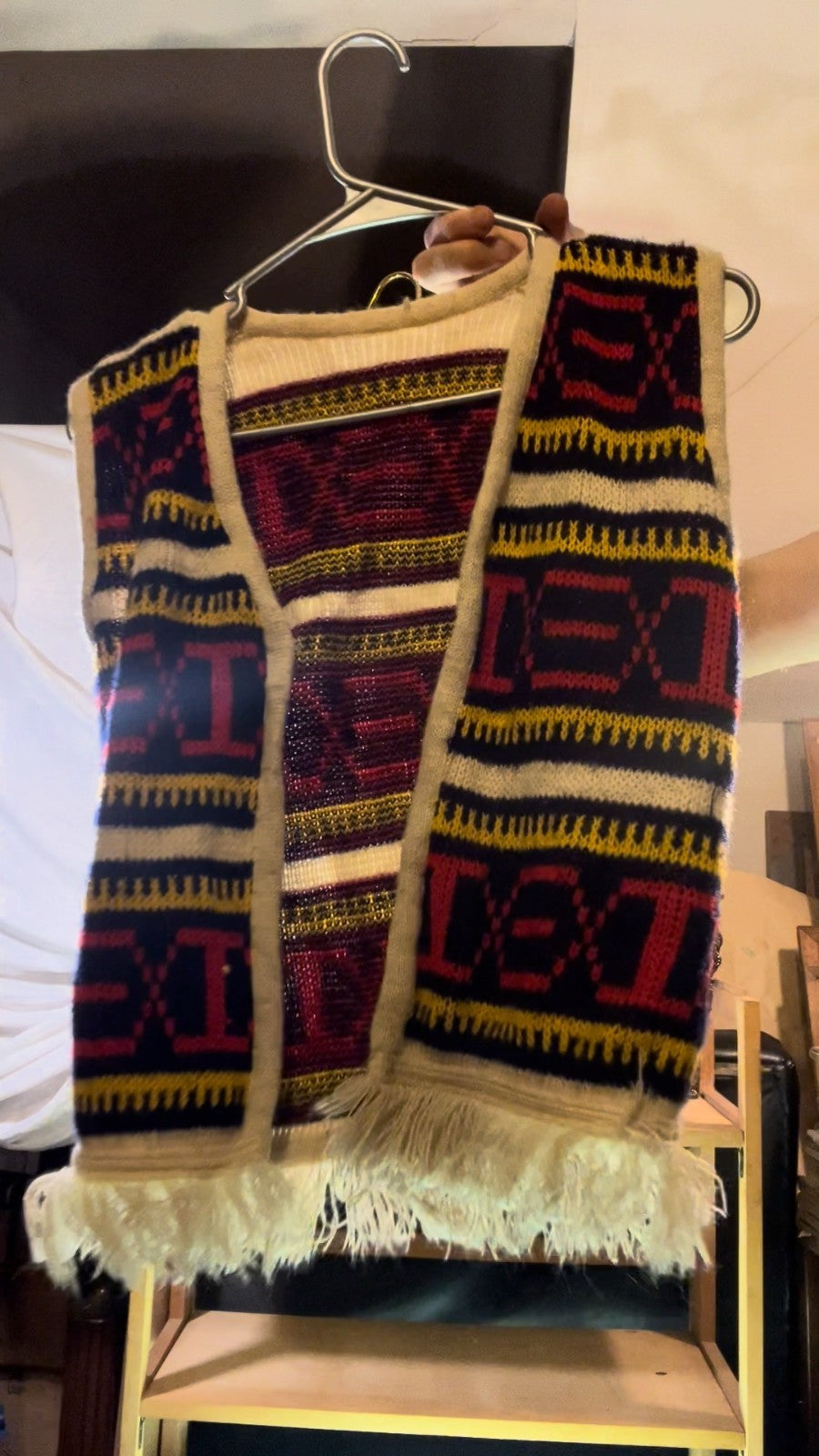 Vintage 1970s Knit Wool Vest Geometric Folk Knit Fringe