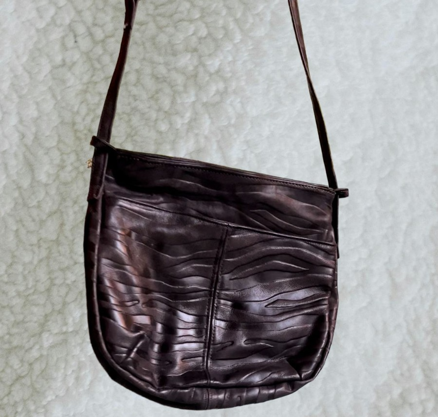 Vintage 1980s Embossed Leather Shoulder Bag – Zebra Texture, Minimalist Crescent