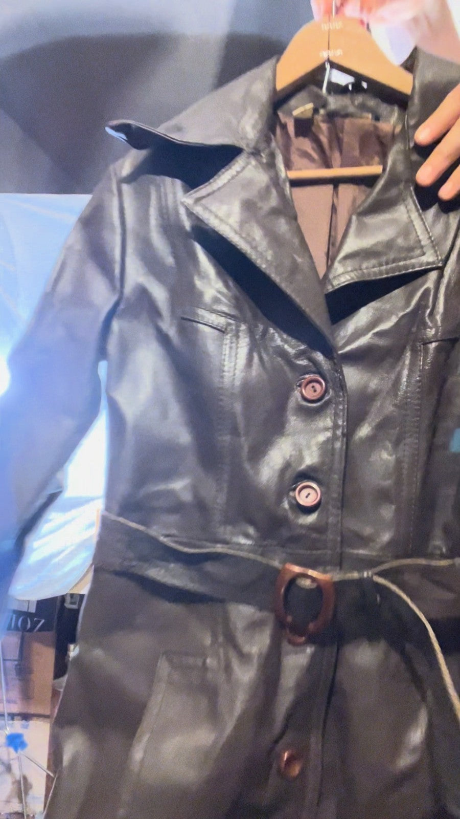Vintage 70s Leather Trench Coat Belted Brown British Crown Colony Hong Kong M/L