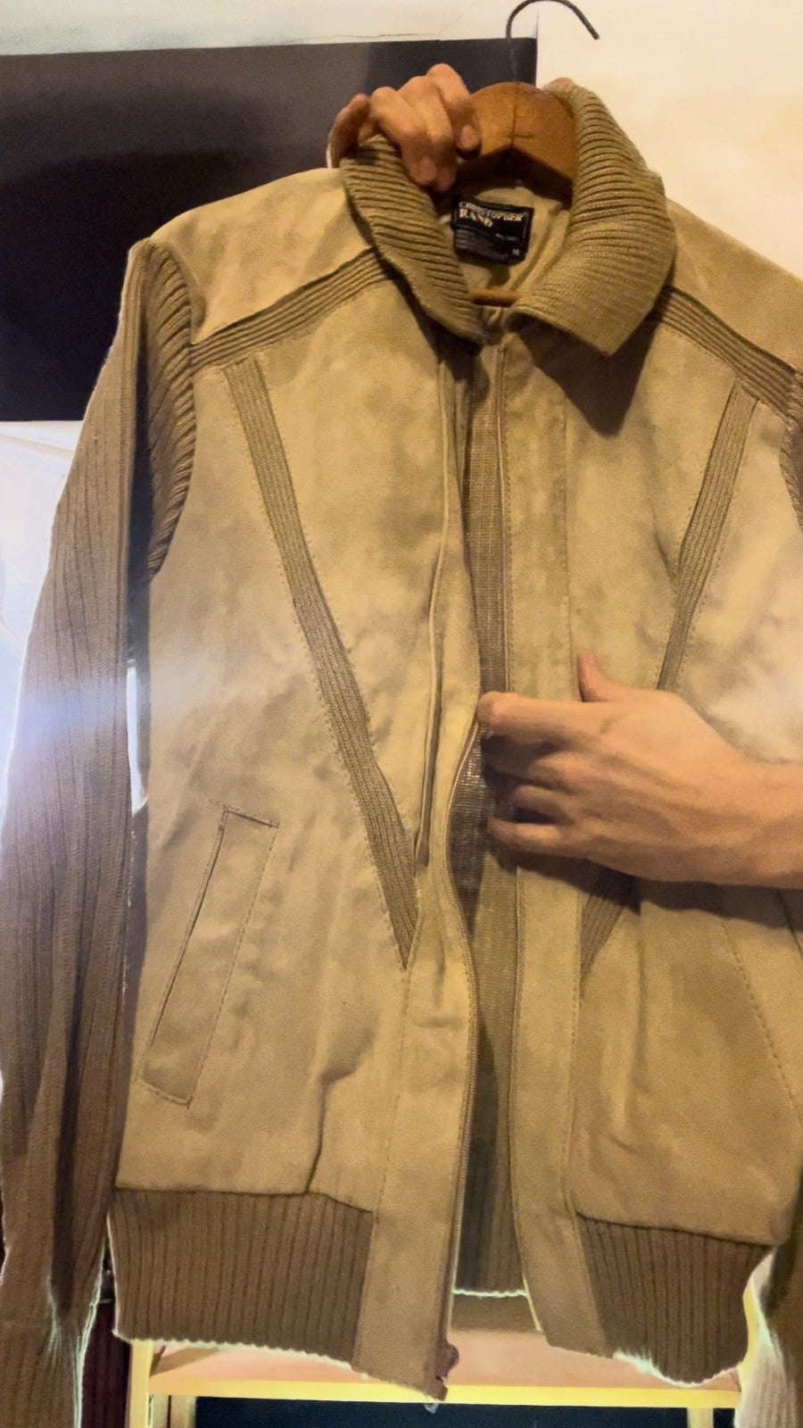 Vintage 80s Christopher Rand Suede Knit Bomber Jacket Tan Beige Medium