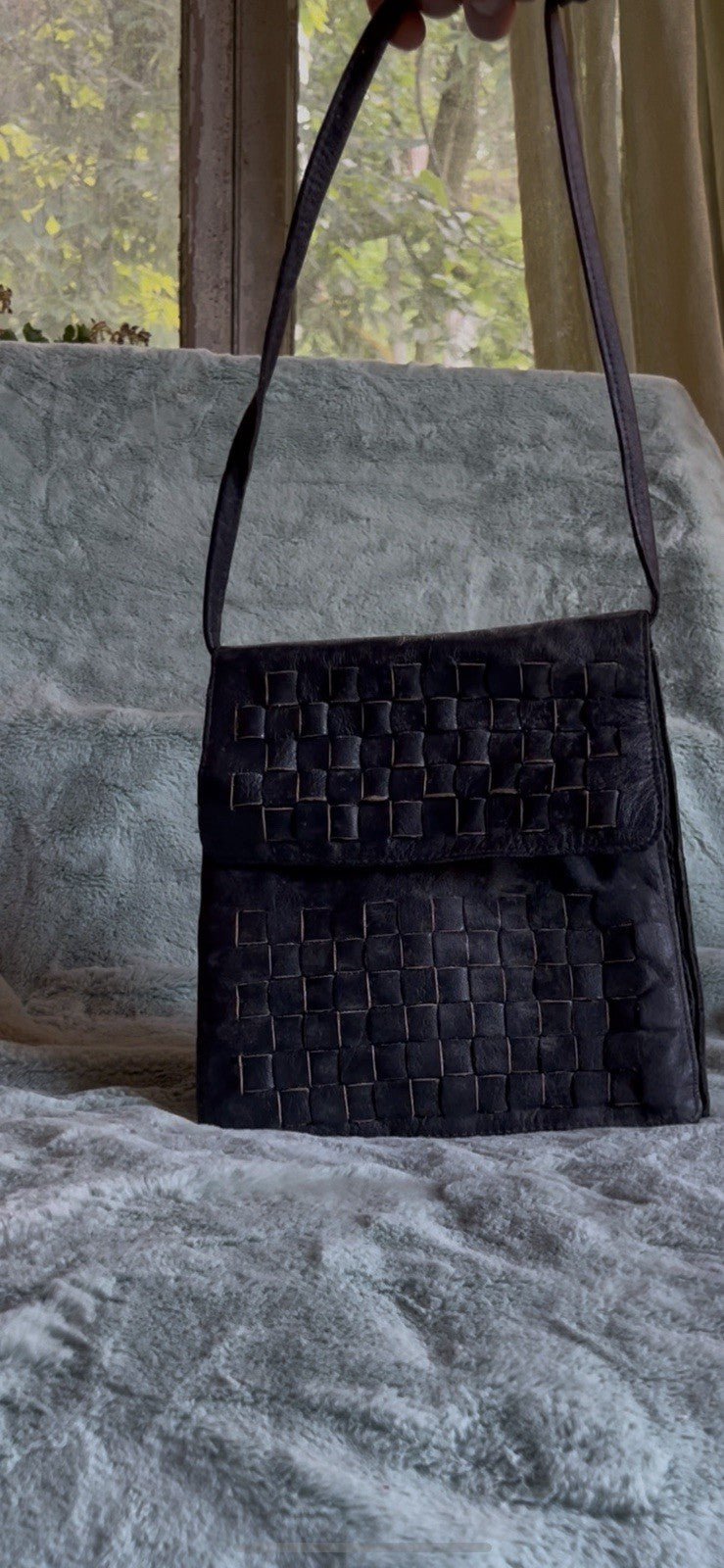 70s Vintage Woven Black Leather Crossbody Bag Tano of Madrid Spain Purse Boho