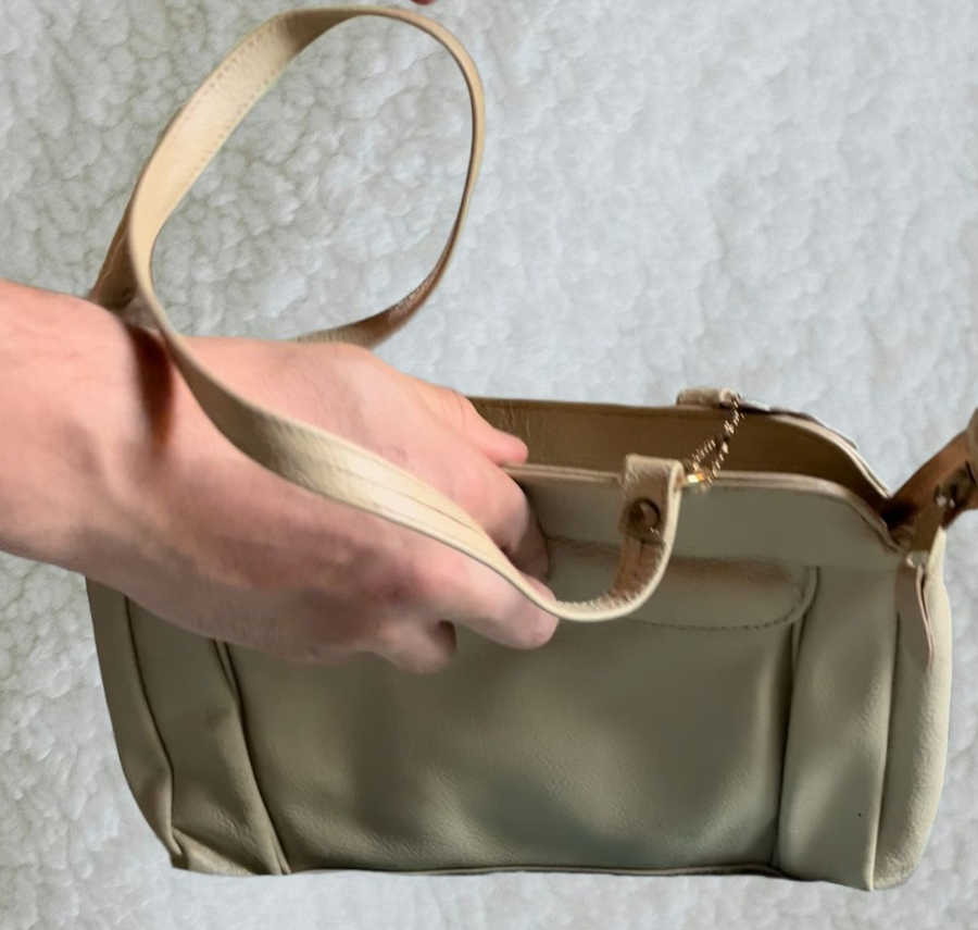 Vintage 90s Beige Leather Top‑Handle Handbag – Structured Front Pocket