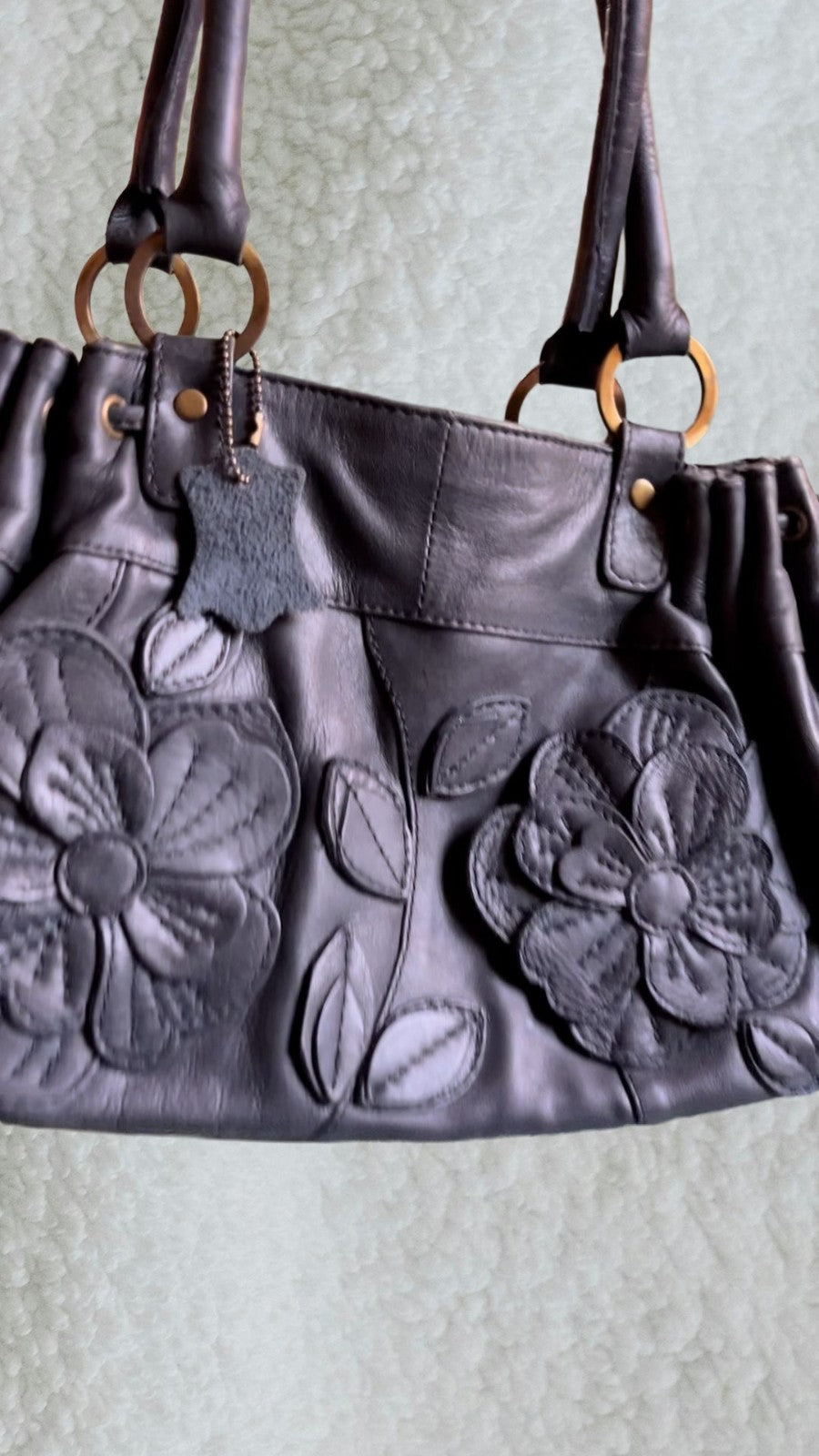 Vintage KG Dark Blue Genuine leather flower applique purse see video for color