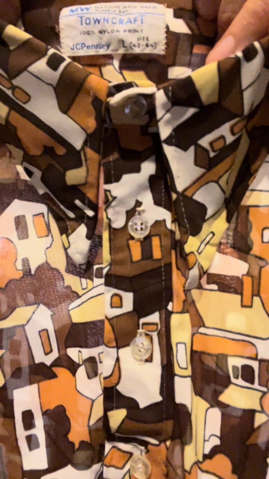 Vintage 70s 80s Towncraft Nylon Print Shirt L 42–44 Abstract Geometric JCPenney