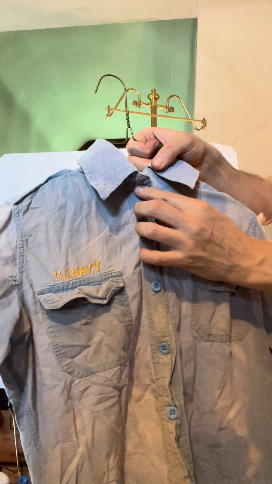 rare custom US Navy Chambray Shirt Vietnam Era w/ Embroidery & Service Stripes