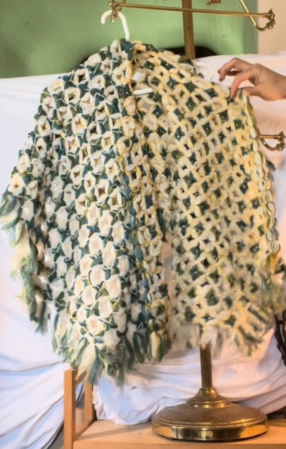 Vintage 70s Handmade Crochet Poncho Sweater Sleeved Boho Green Yellow One Size