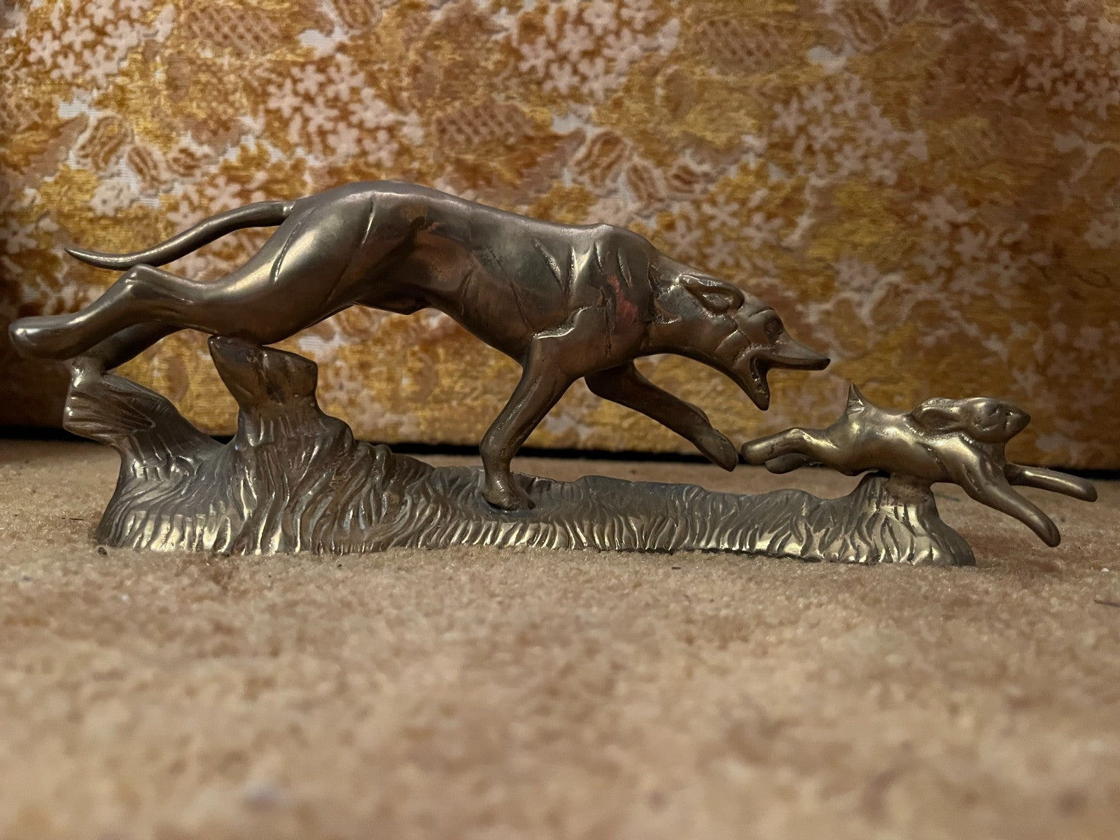 Vintage Bronze Dog Chasing Rabbit Sculpture on