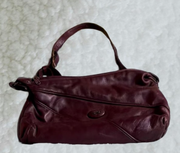Vintage Burgundy Leather Top‑Handle Handbag — Structured w/ Decorative emblem