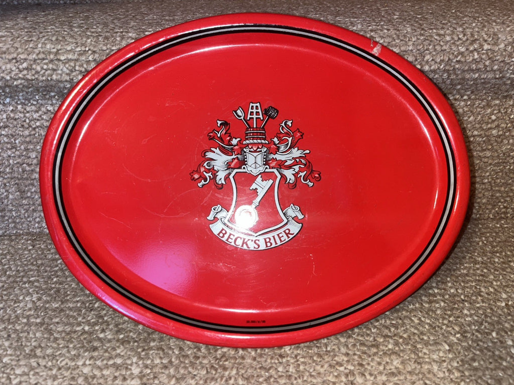 Vintage Rare Beck's Bier Oval Coat of Arms Tray 1960s Germany Gr8 Cond Metal Red