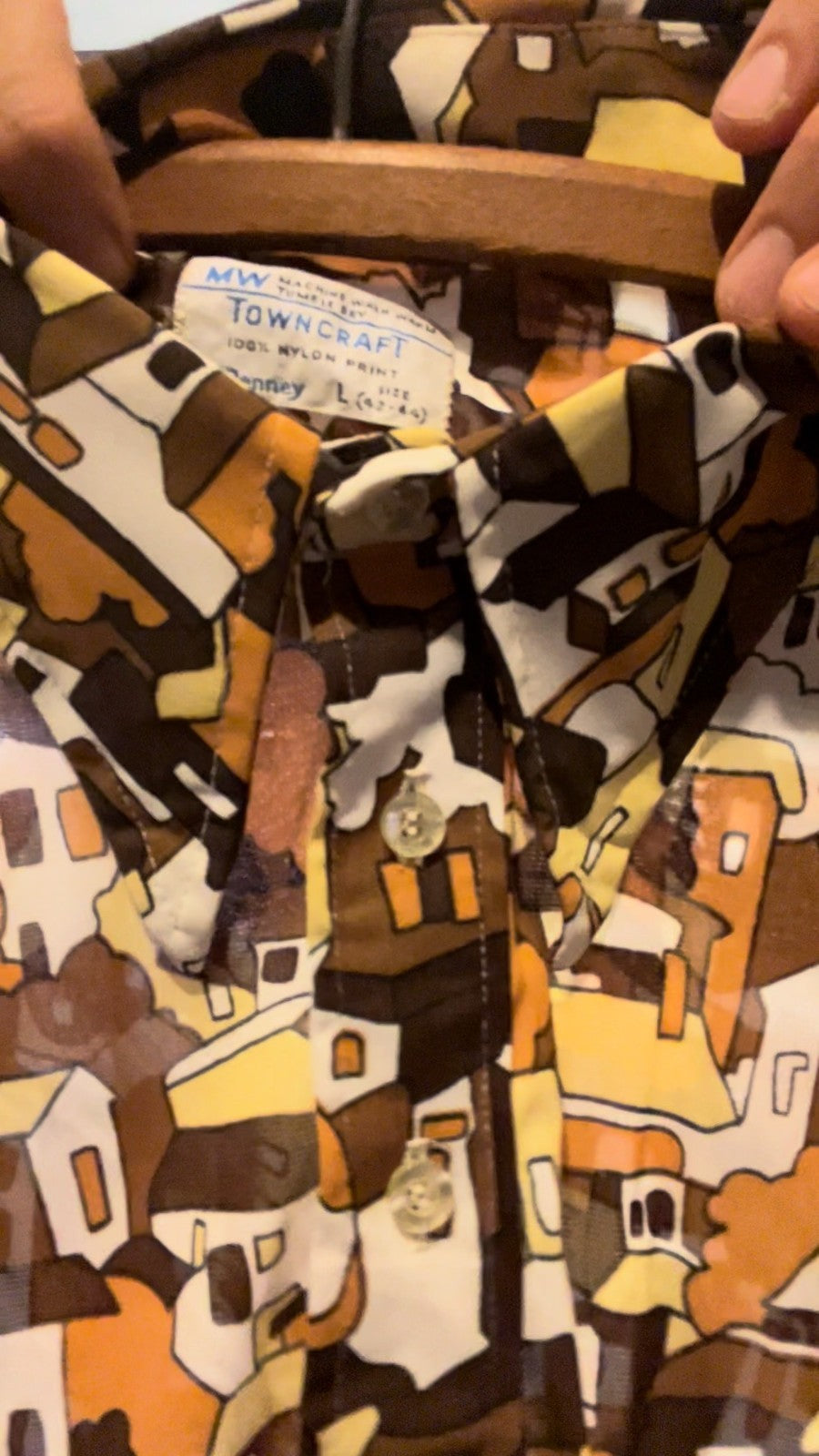 Vintage 70s 80s Towncraft Nylon Print Shirt L 42–44 Abstract Geometric JCPenney