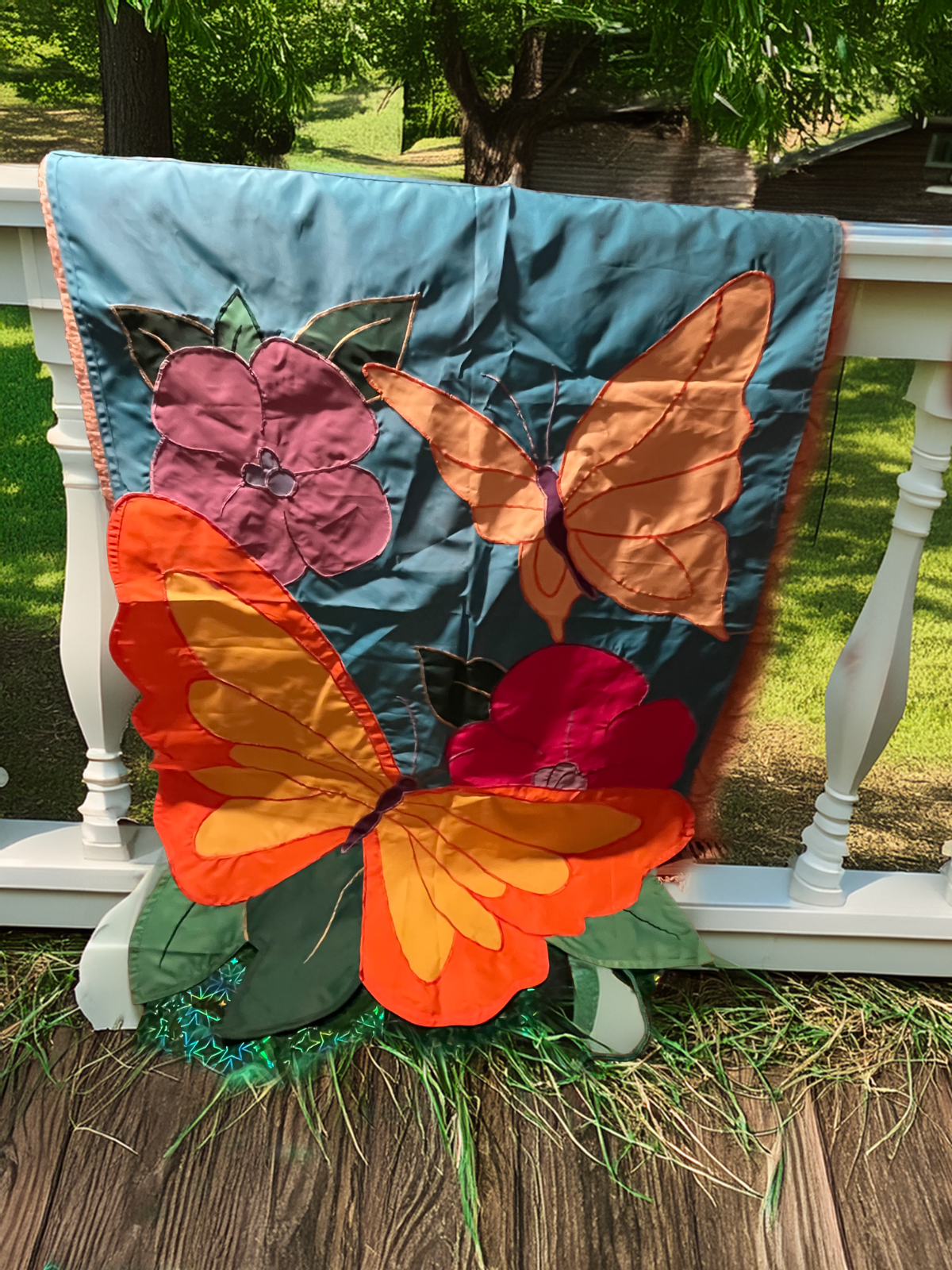 Large Butterfly Flower Welcome Decorative House Flag Polyester 42X29 Doubleside
