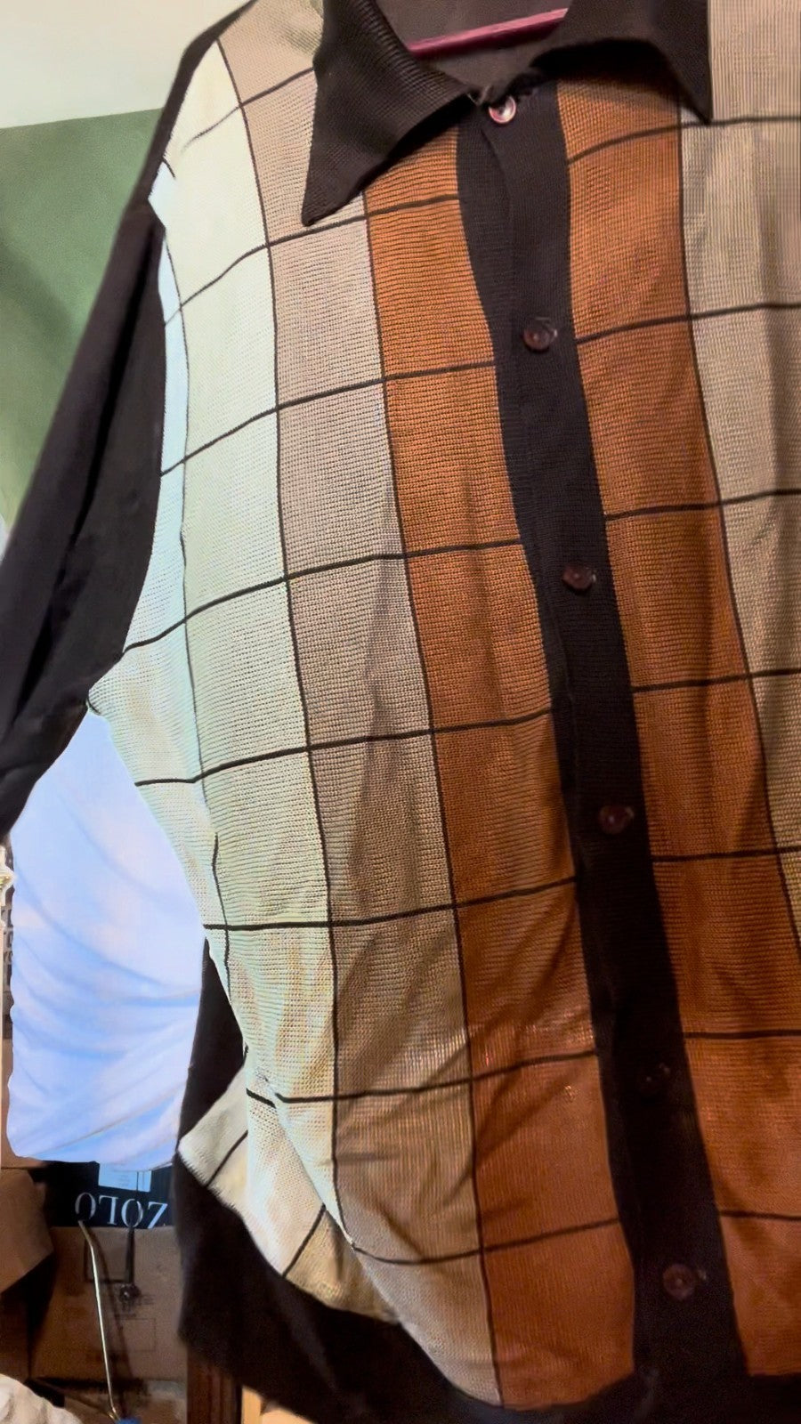 Vintage 1970s Perth Ltd. Geometric Knit Shirt – Brown, Tan & Cream – Long Sleeve