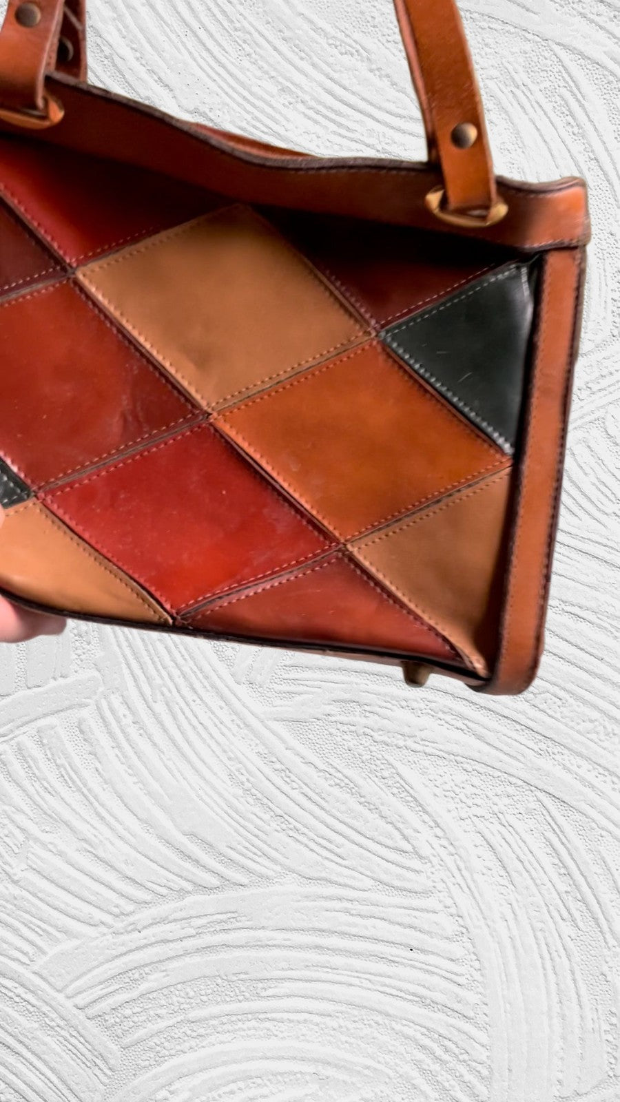 Burlington Patchwork Leather Satchel Red Brown Green Tan Vintage Style Kiss Lock