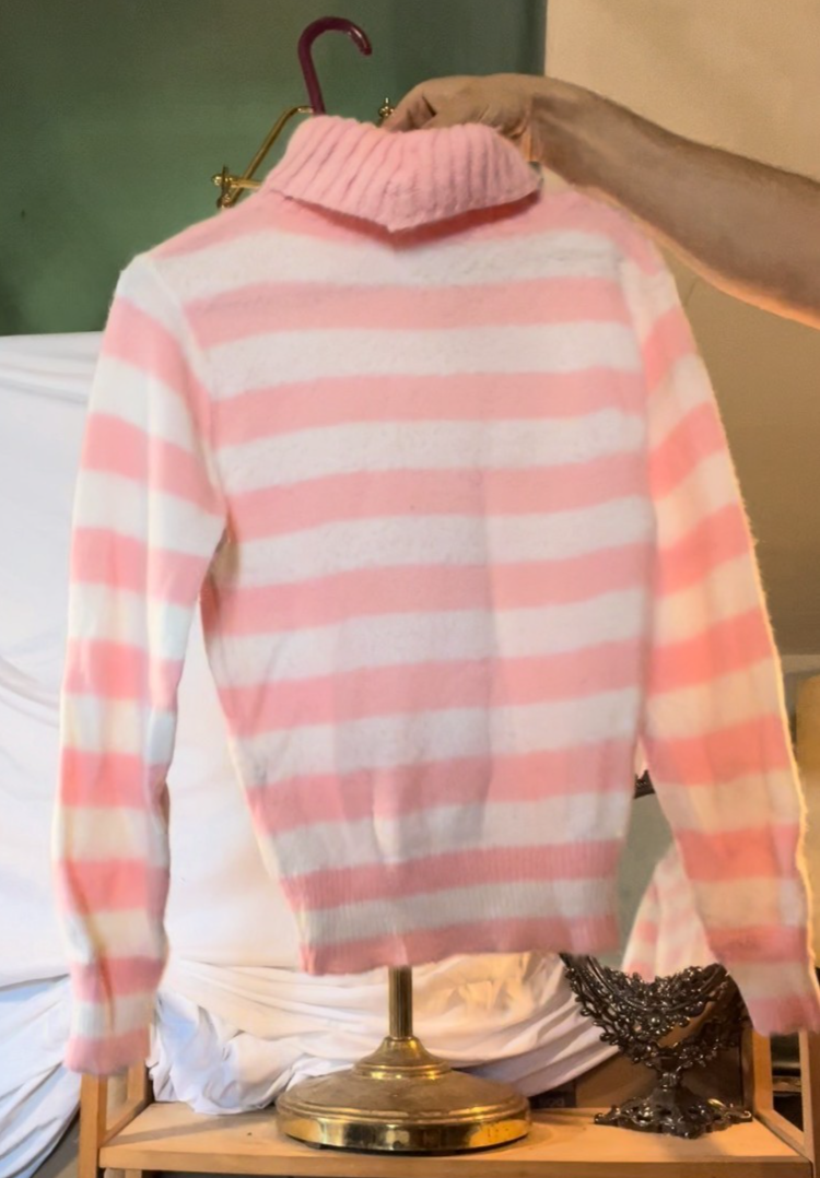 Vintage 70s Pink White Striped Turtleneck Sweater Unbranded Acrylic Women’s S/M