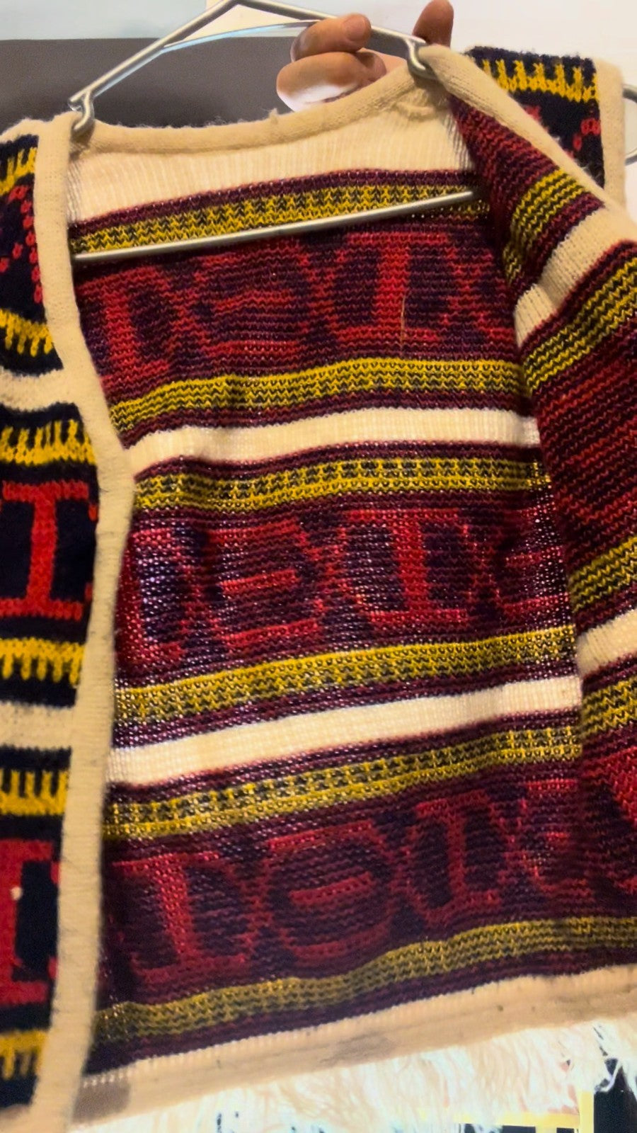 Vintage 1970s Knit Wool Vest Geometric Folk Knit Fringe