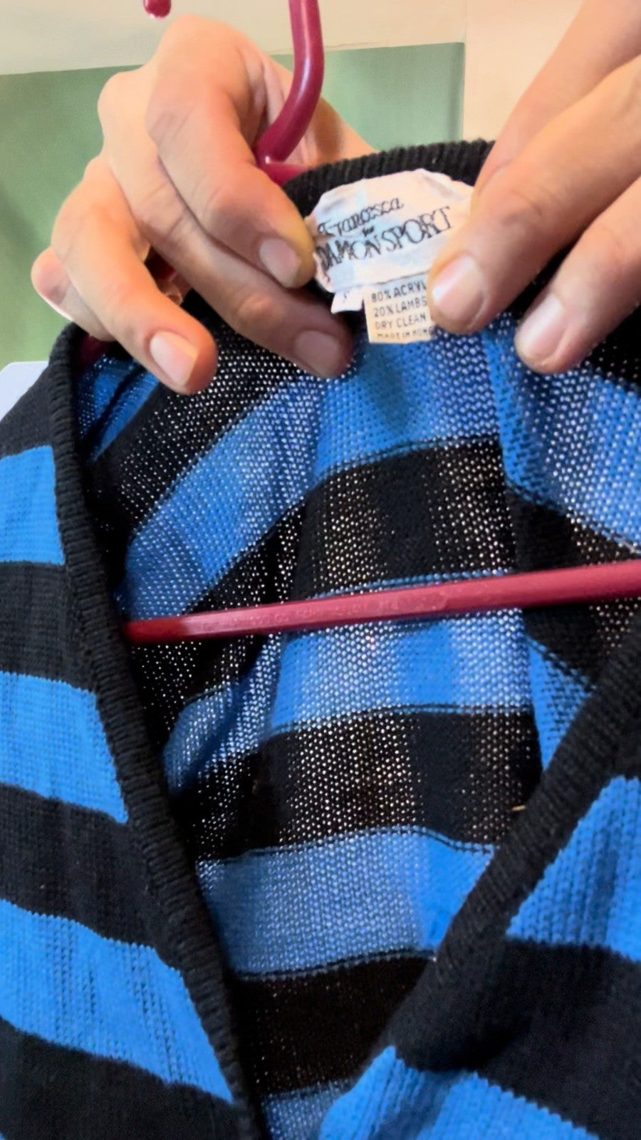Vintage Francesca Damon Sport Cardigan Blue Black Striped Hong Kong 80s S