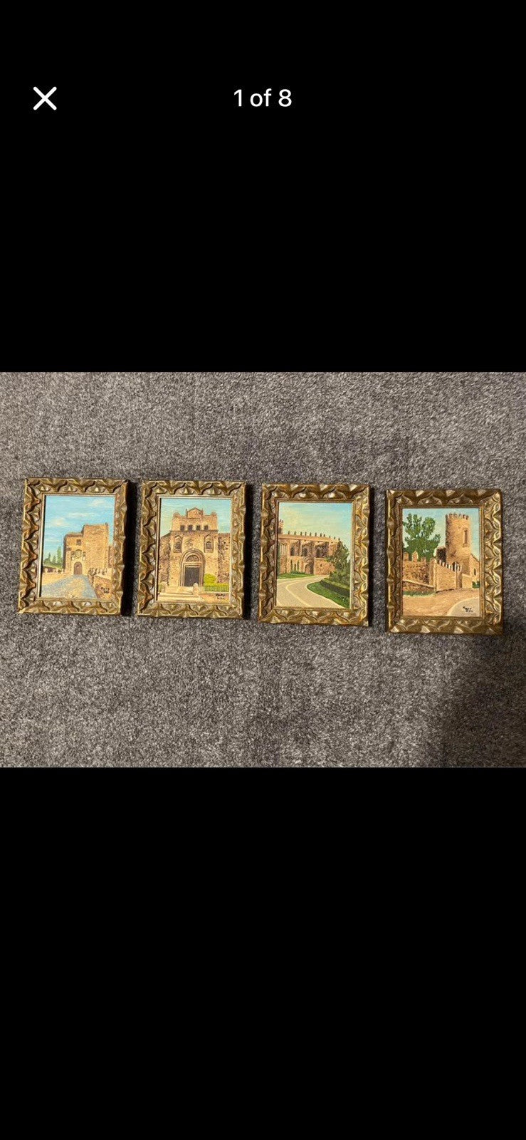 Vintage Mid‑Century Old World Architecture Oil Paintings  Set Of 4 Castle Spain