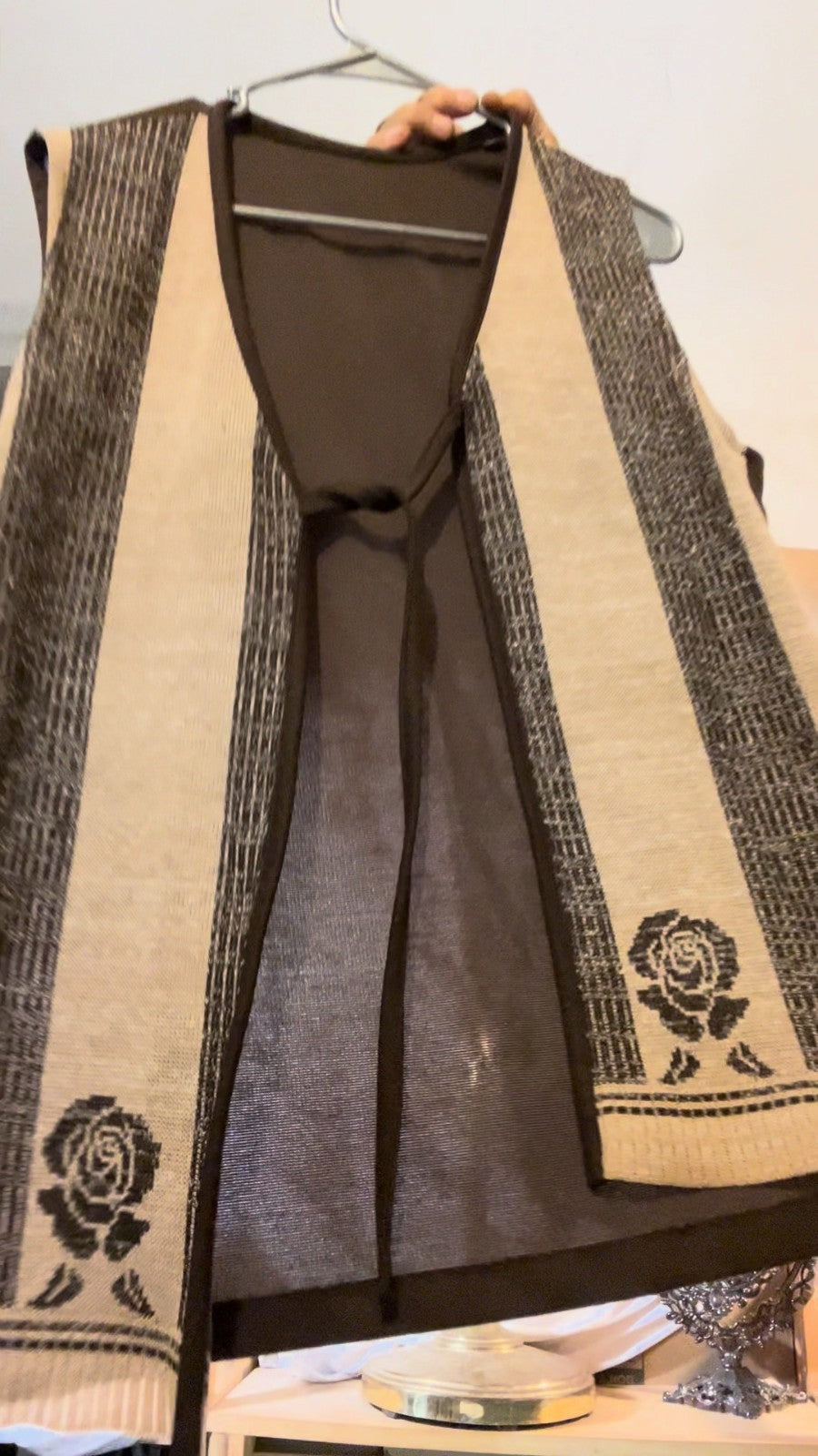 Vintage 90s Woven Folk Vest Brown Beige Rose Pattern Tie Front Boho Festival