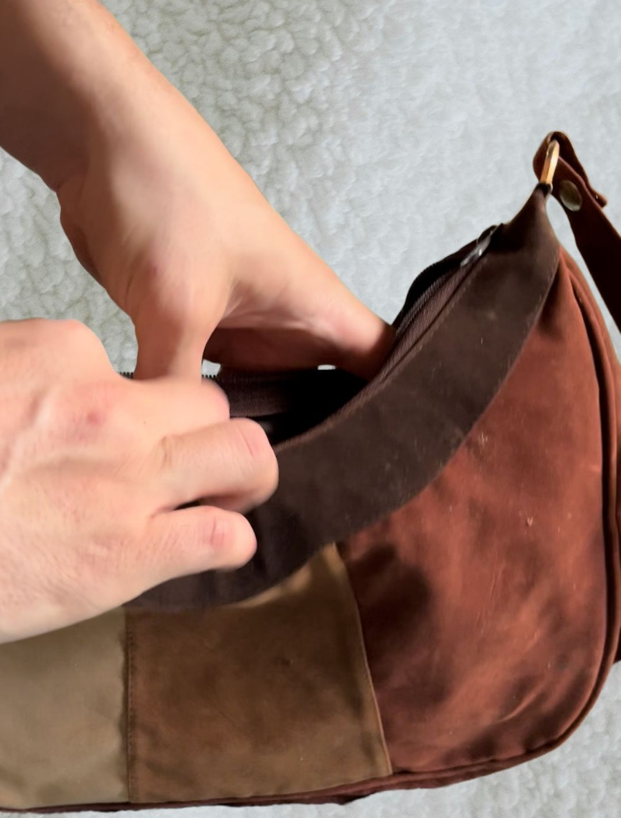 Vintage 1970s Suede Patchwork Boho Shoulder Bag Earth Tones Hobo Purse