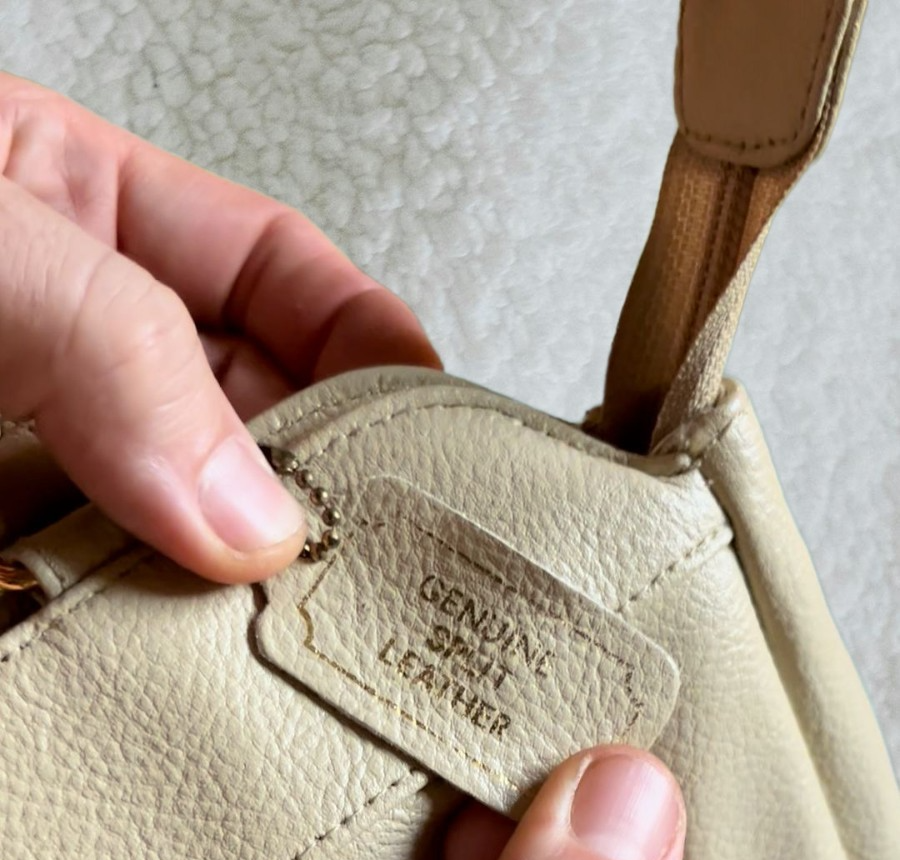 Vintage 90s Beige Leather Top‑Handle Handbag – Structured Front Pocket